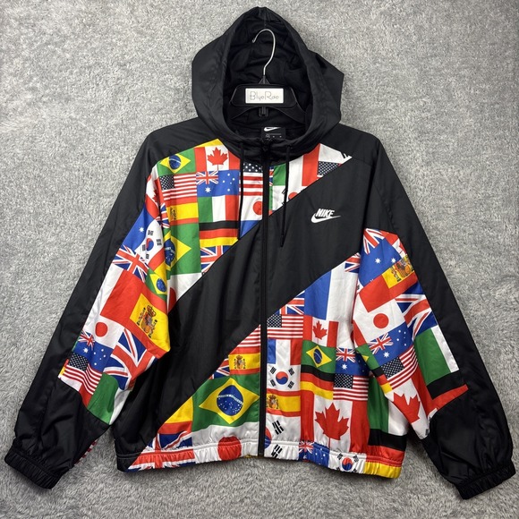 NWOT NIKE Jacket Medium Black World Flags Olympics Wind Breaker International - Picture 1 of 6